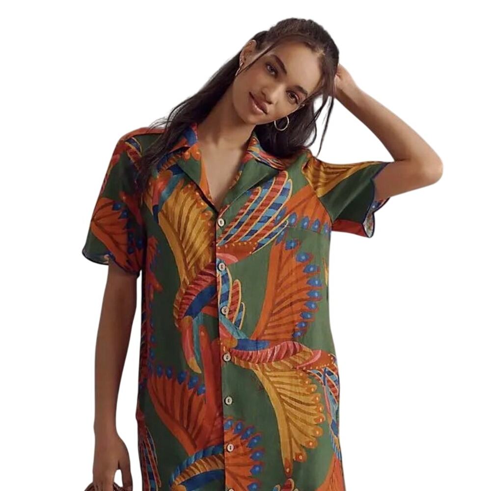 Farm Rio Anthropologie Womens Shirt Dress Extra Large Linen Blend Button Front